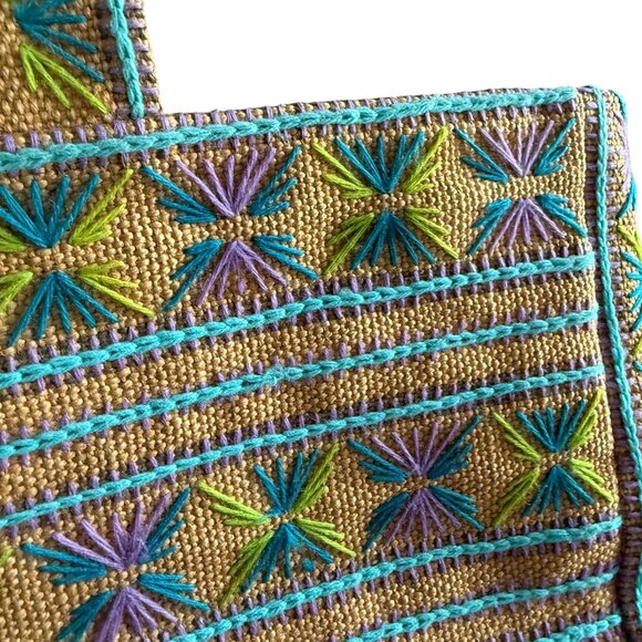 VTG Embroidered Burlap Jute Purse Bag Women Multicolor Crewel Folk Boho Beach - Picture 2 of 7